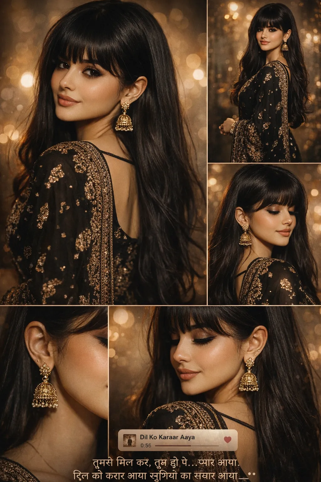 Portrait collage of a woman in black and gold ethnic attire with jhumka earrings, featuring over-the-shoulder, full-length, profile, and jewelry close-up shots in warm cinematic lighting.